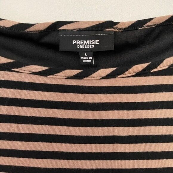 PREMISE Dresses Tan Nautical Stripe Shirt Dress Short Jersey Boat Neck Pockets L - Picture 3 of 8